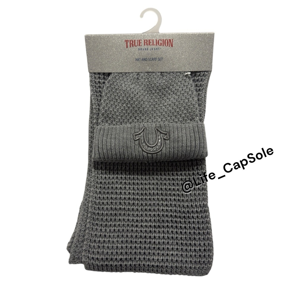 True‎ Religion Hat Scarf Set Grey Silver One Size Warm Glitter Gem Knitted NEW